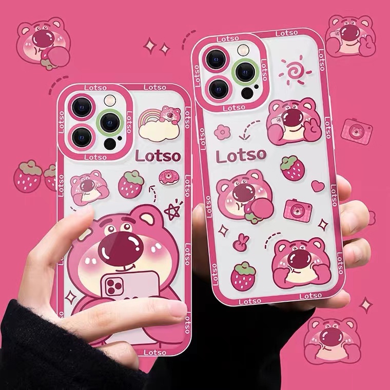 Soft Case Silikon TPU Transparan Motif Beruang Strawberry Untuk iPhone 14 13 12 Mini 11 Pro X XR XS Max SE 6 6S 7 8 Plus