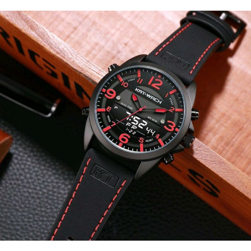 TRENDINGGGGG_0KAT-WACH_KT1818 Jam Tangan Pria Digital Analog Tali Kulit_CURRENOS