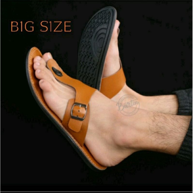 Sendal BIG Size Pria 44-48 / Jepit Makazi KULIT Kasual Ukuran JUMBO / Sendal Kaki Gemuk Tan, 47