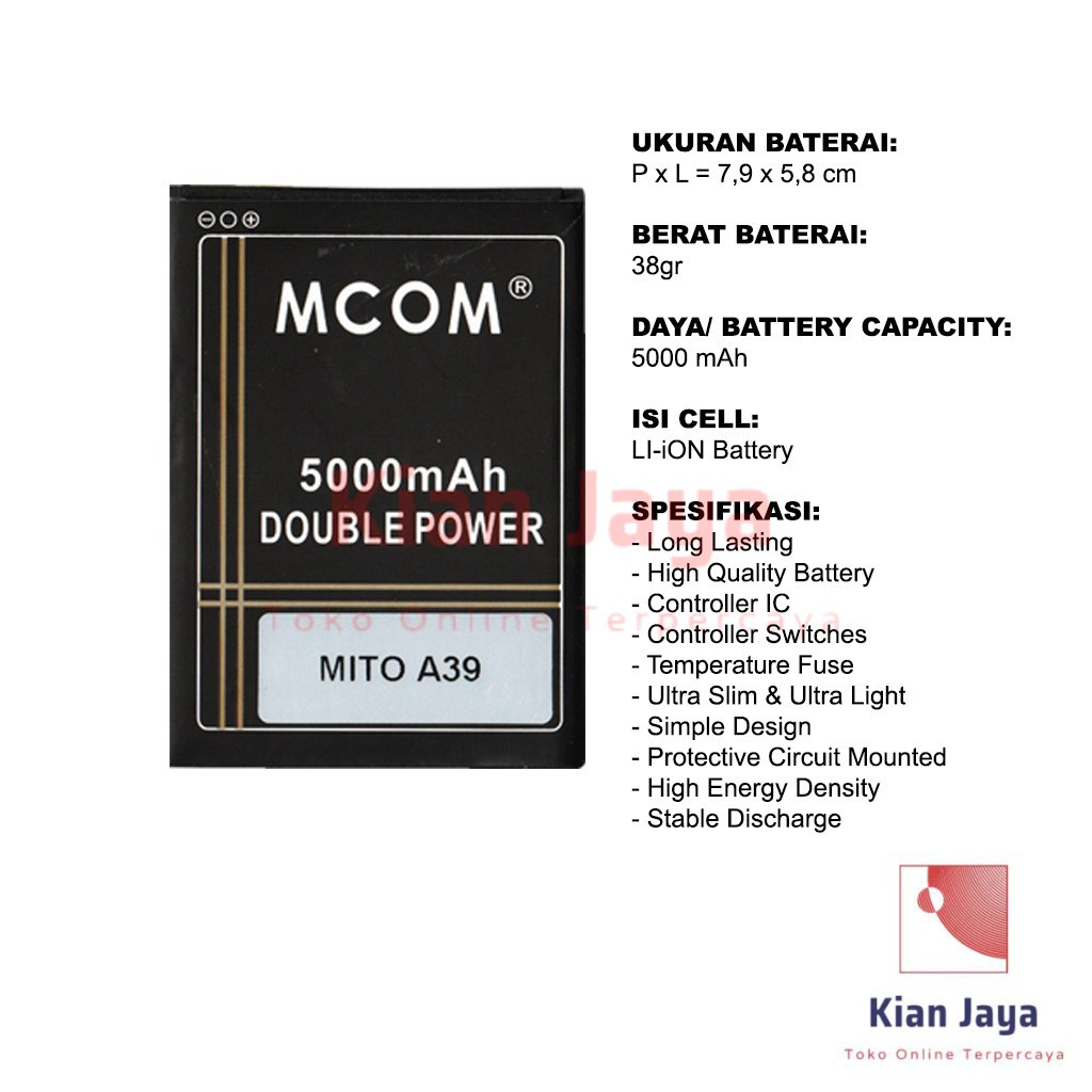 MCOM Baterai Hp Mito A39 BA-00129 Original Double Power Batre Batrai Battery BA00129