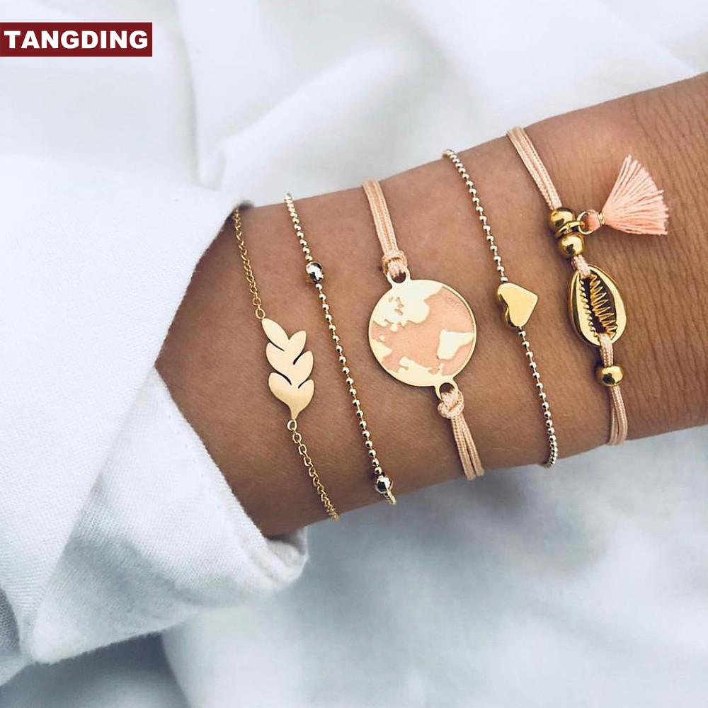 5pcs / Set Gelang Rantai Rumbai Desain Peta Kerang Warna Emas
