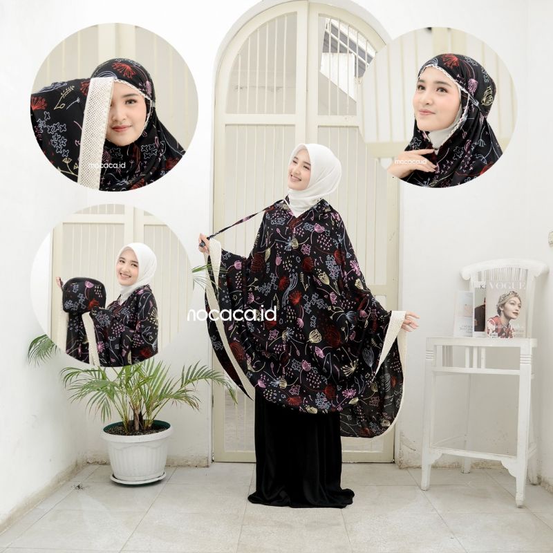 Mukena Dewasa Jumbo 2 in 1 Kayana Motif Bahan Rayon Premium Jatuh Adem Ponco Pouch Tas Sleting Hitam