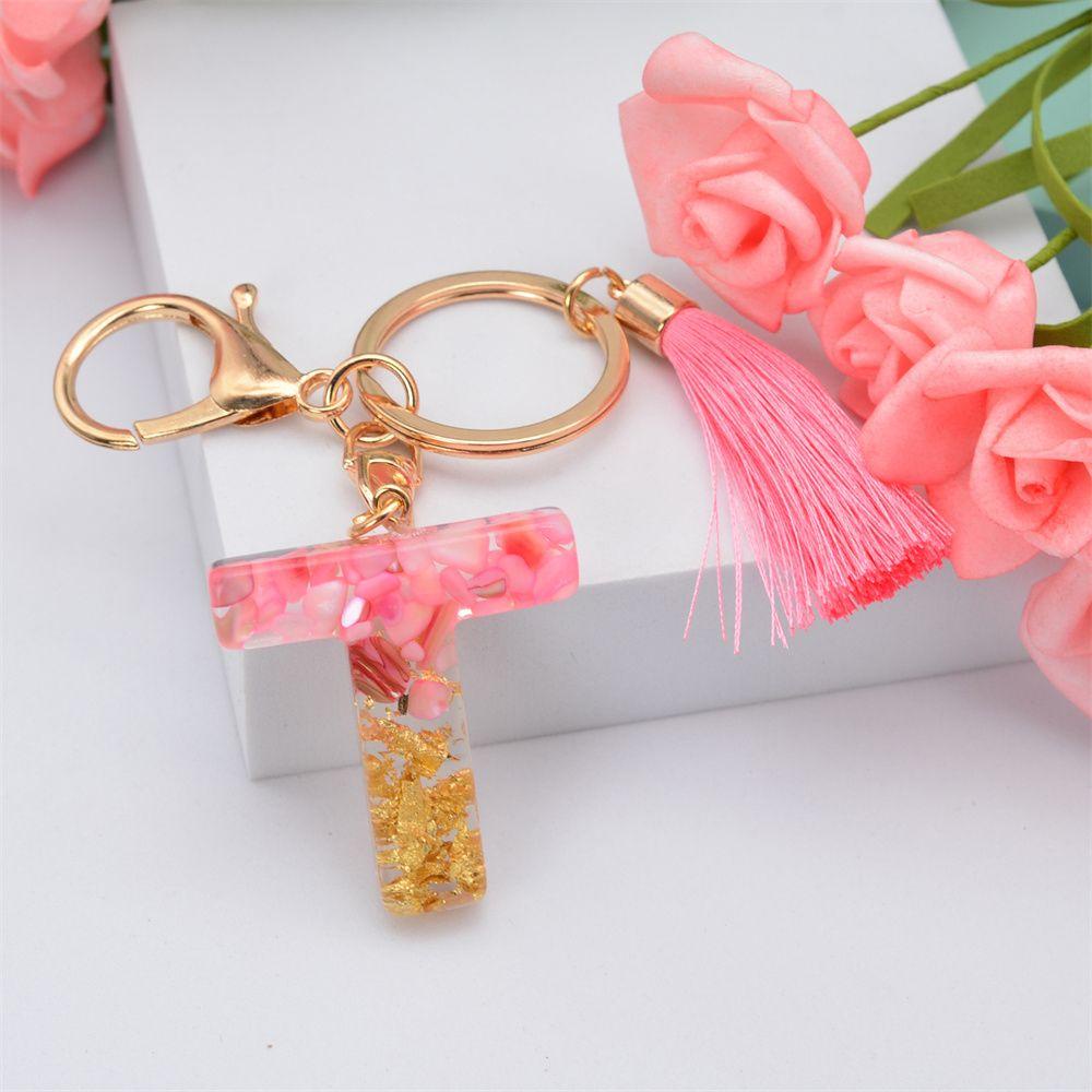 【 ELEGANT 】 26huruf Gantungan Kunci Lucu Fashion Merah Muda Jumbai Liontin Perhiasan Mobil Keyring Alphabet Key Chain