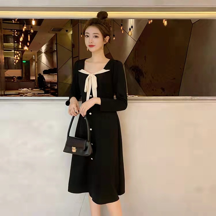 dress wanita/long dress/dress korea/dress import korea/Versi Korea dari gaun hitam retro Prancis / g