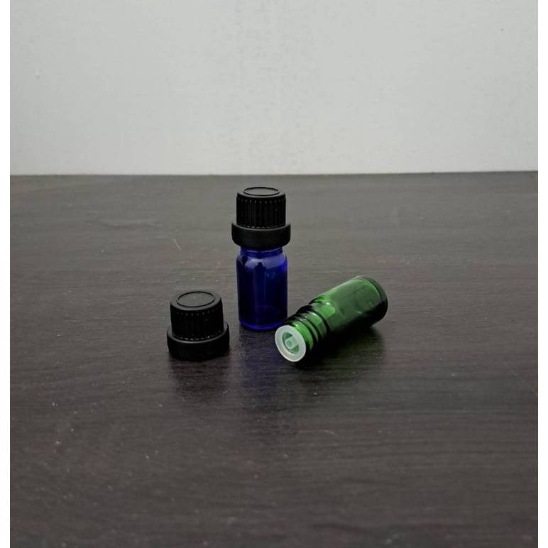 Botol kaca 5ml biru &amp; hijau tutup filler hitam / Botol Essential 5ml