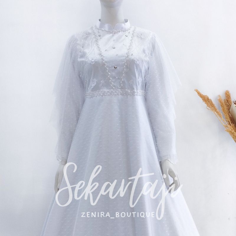 DEWI SEKARTAJI GAUN pesta pengantin syar'i mewah tulle bordir dan tulle dot / baju kondangan / prewedding / lamaran / wisuda / wedding bisa dipesan couple / tersedia ukuran kecil hingga jumbo