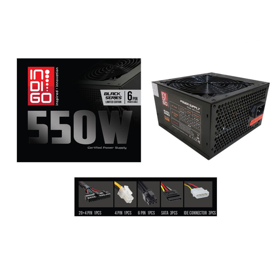 Power Supply INDIGO 550 watt 6 pin + 3 power sata garansi resmi