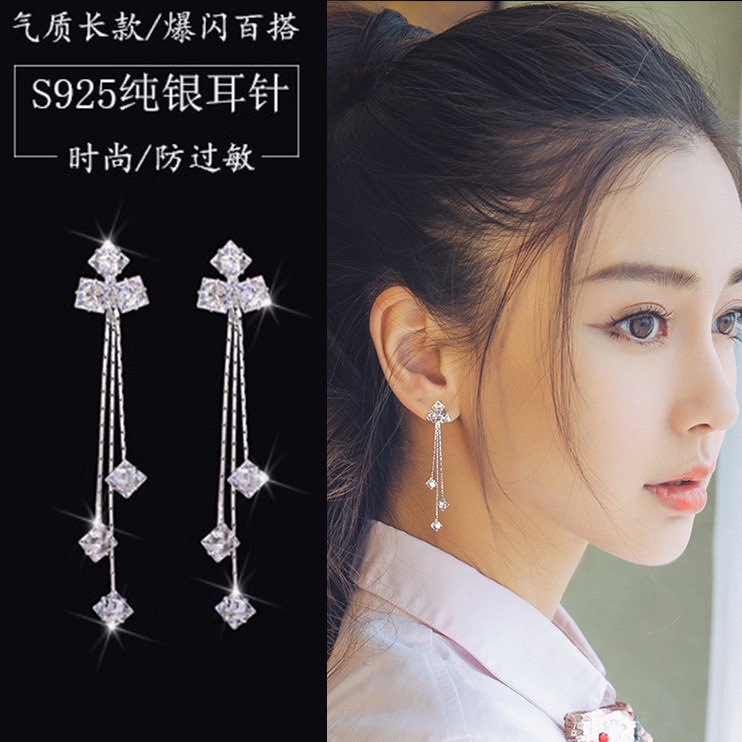 925 jarum perak panjang sudut zirkon anting-anting Korea rumbai liar anting-anting liontin