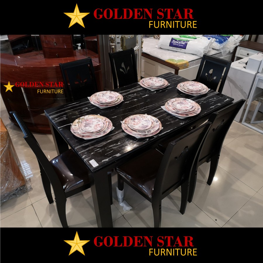 SET Meja Makan Batu Marmer Kayu Minimalis 6 kursi Furnilux Savero