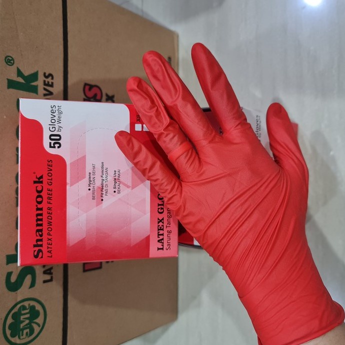 Handscoon SHAMROCK Red Ecer Sepasang Sarung Tangan Karet Lateks Latex Powder Merek Merk Warna Warni 