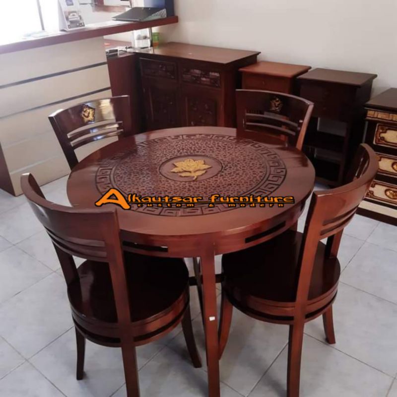meja jati || meja makan jati bulat || kursi 4