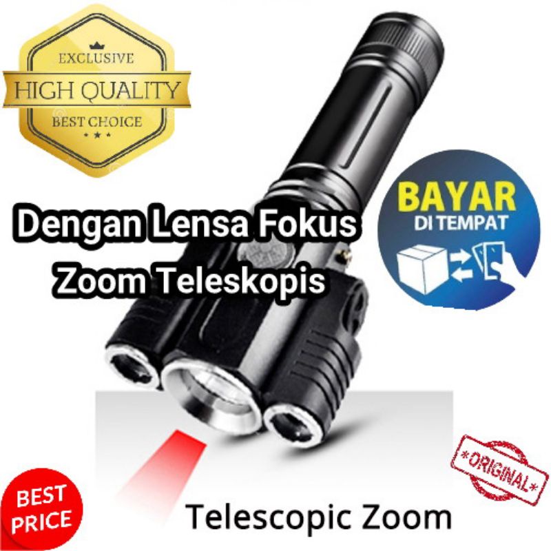 Senter LED Super Terang Jarak Jauh Telescoping Zoom Original