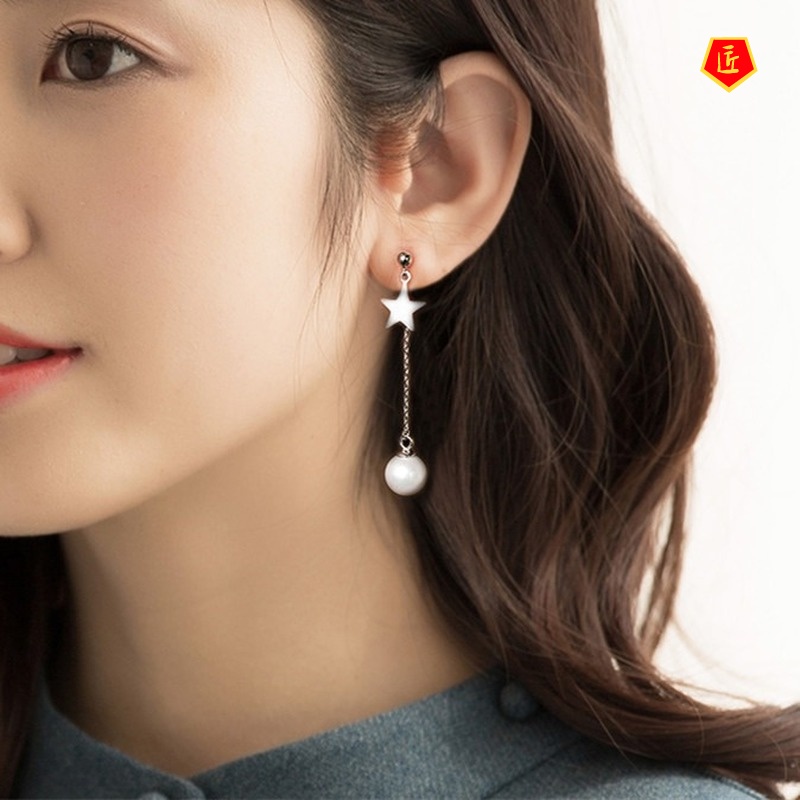 [Ready Stock]Personalized Simple Silver Pearl Star Party Earrings