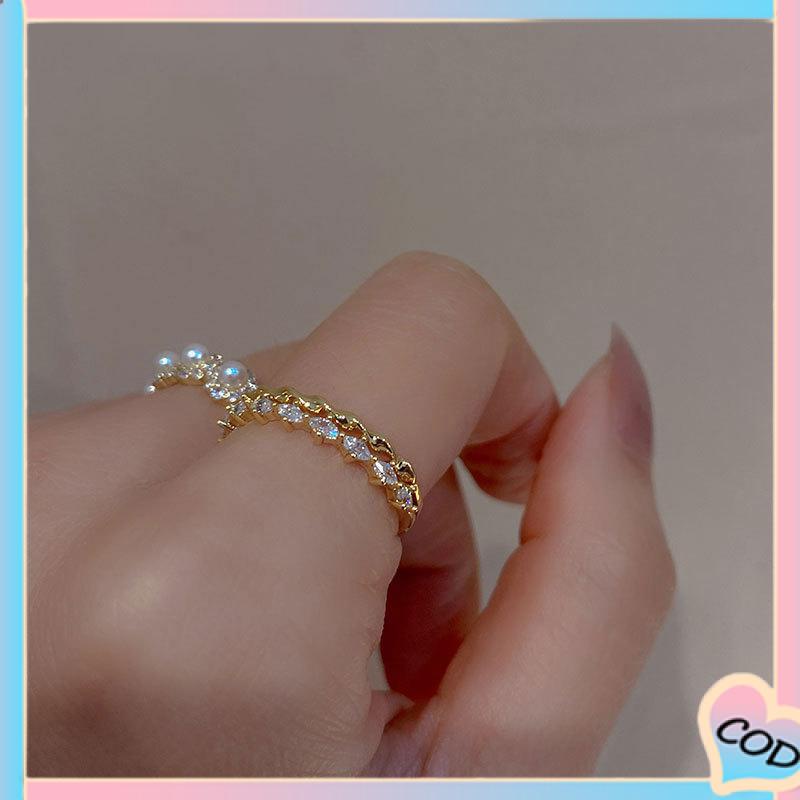 COD❤️Double-layer Retro Pearl Diamond Ring Niche Light Desain Mewah Cincin Dapat Disesuaikan Terbuka-A.one