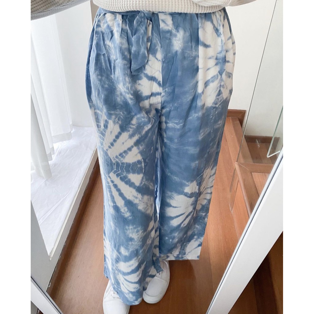 Celana Tie Dye Jumputan Biru Kulot Rayon Shibori Batik Handmade Bawahan Batik Jumputan Kerja Modern