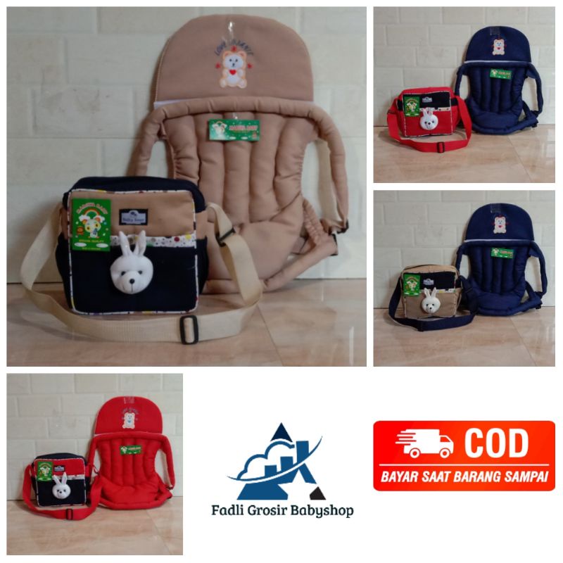 Paket Hemat ( 2 In 1 ) Tas Bayi Strip Boneka Dan Gendongan Bayi Depan Topi Bordir