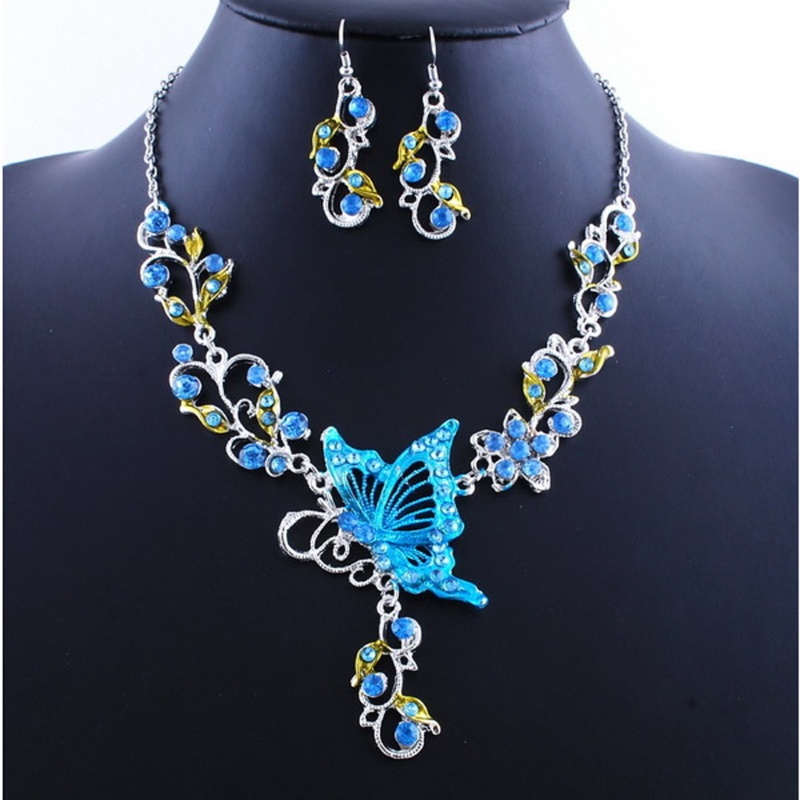 SIY  Hot Elegant Butterfly Flower Rhinestone Pendant Necklace Earrings Jewelry Set