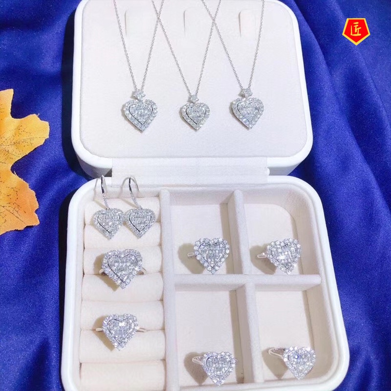 [Ready Stock]Heart-Shaped Full Diamond Pendant Moissanite Ring Earings Set