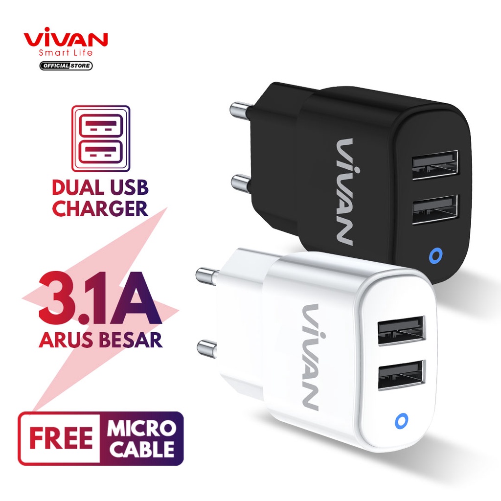 VIVAN VP01 CAS Charger Dual Output USB Quick Charging 3.1A with Charging Cable Garansi Resmi 1 Tahun