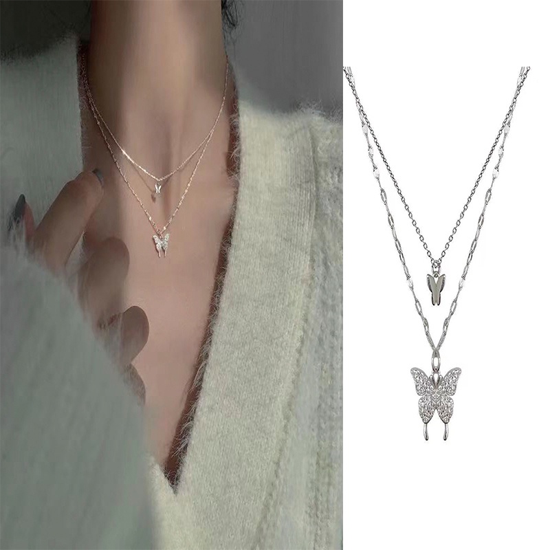 Kalung Kupu-Kupu Ganda | Flash Diamond Fashion Choker Wanita Baru Dalam Rantai Klavikula Korea