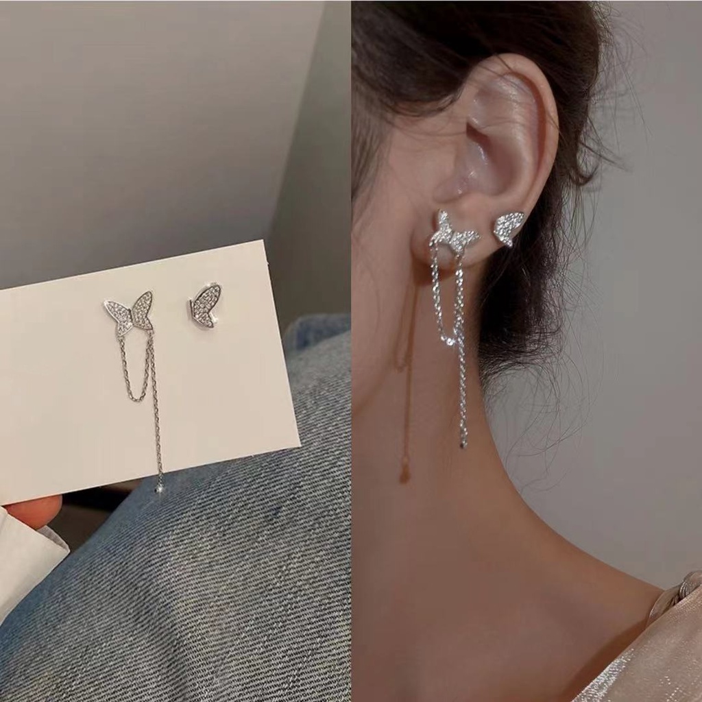 Anting Kait Gantung Asimetris Desain Kupu-Kupu Hias Zircon Gaya Korea Untuk Wanita