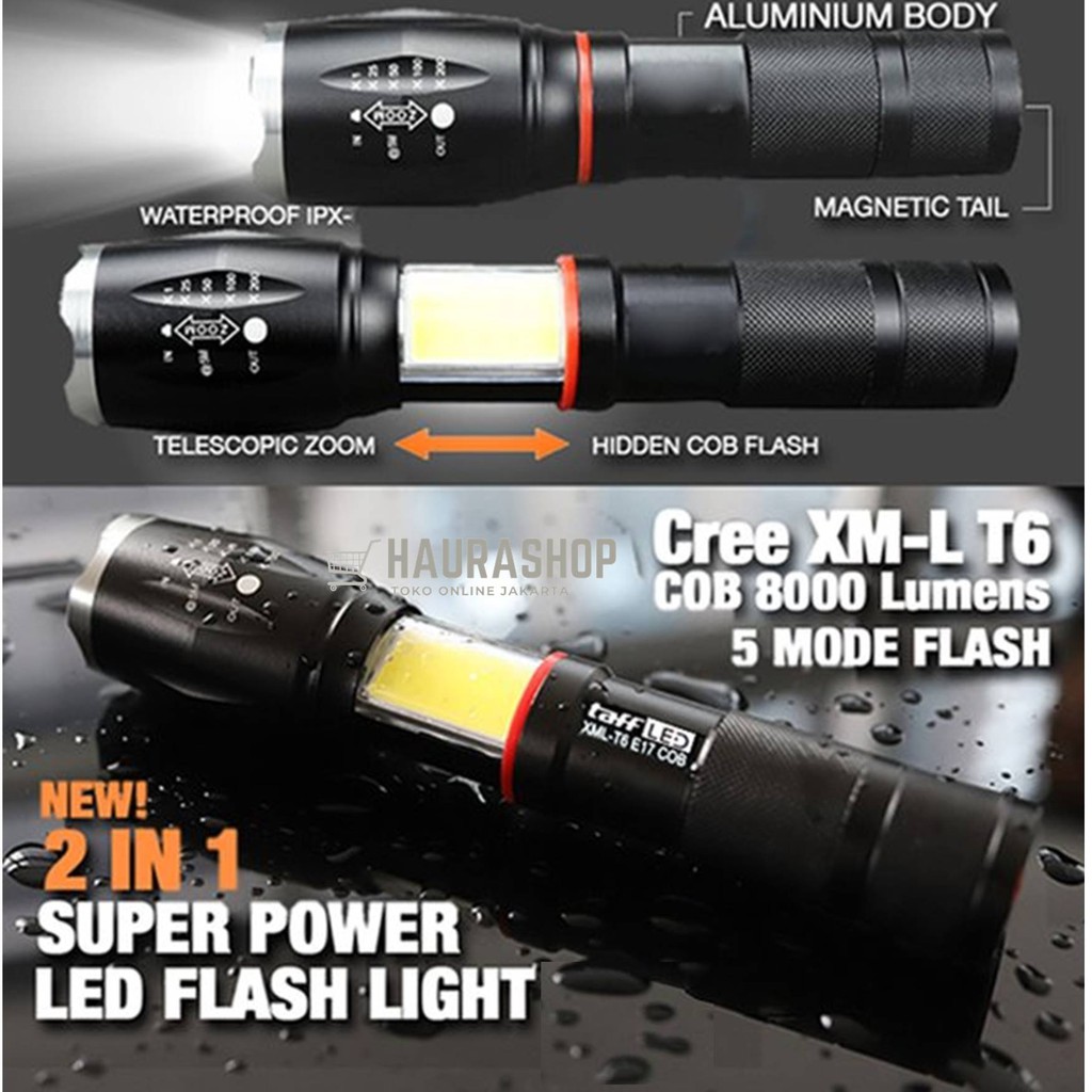 Paket Senter LED Super Terang Torch Cree XM-L T6 8000 Lumens + Charger + Box - E17 COB Anti Air