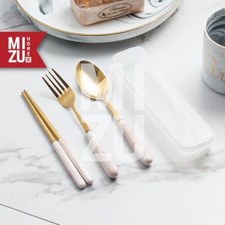 MARMOL TRIO Golden Cutlery Travel SET Chopsticks Case Sendok Garpu