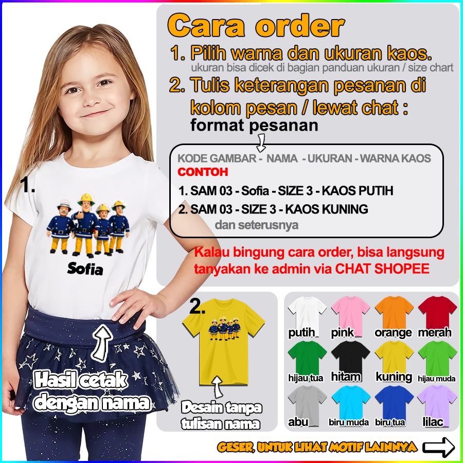 [FREE NAMA!!] Baju Kaos ANAK DAN DEWASA FIREMAN SAM BANYAK MOTIF