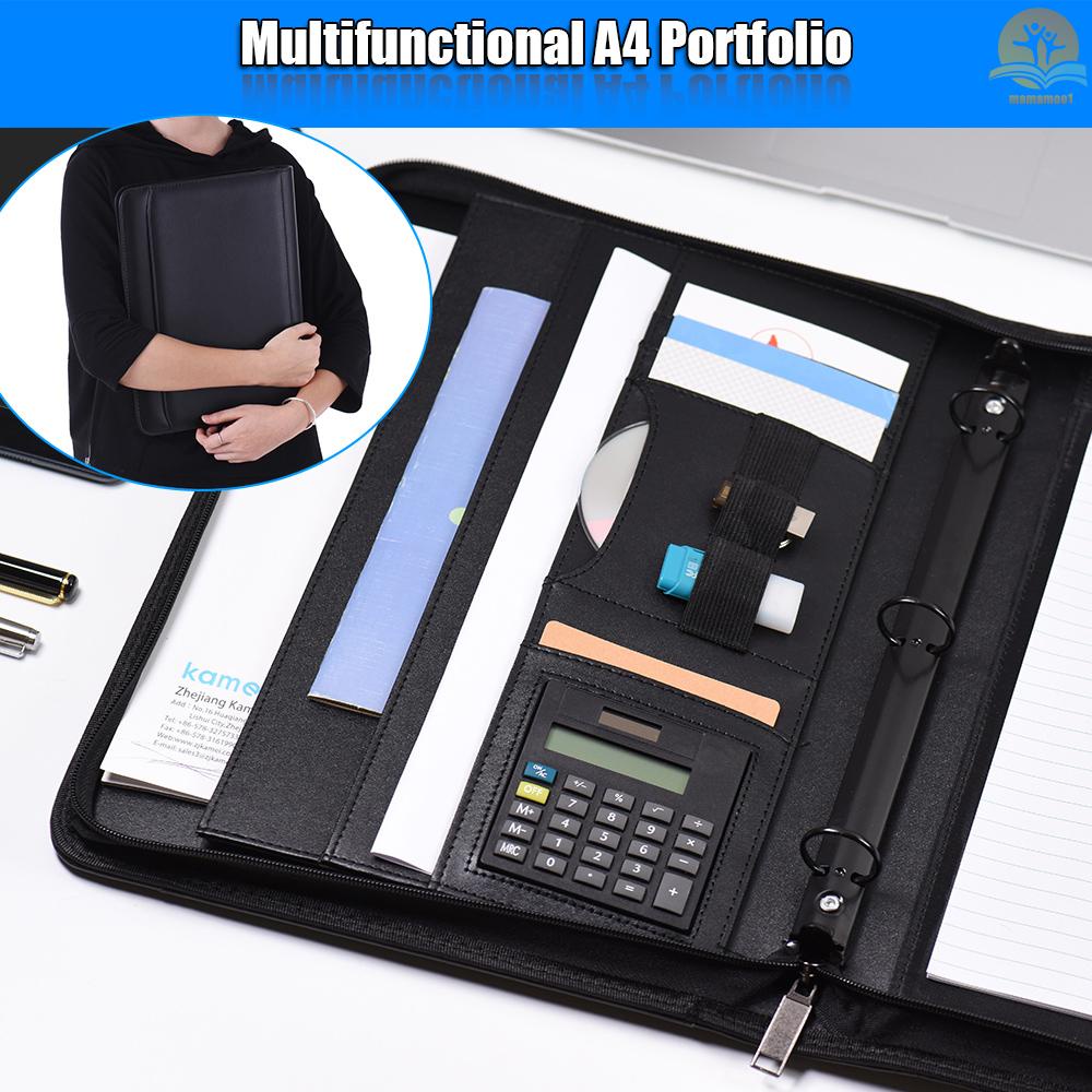 Multifunctional Professional Business Portfolio Padfolio Folder Document Case Organizer A4 PU Leather Zippered Closure Loose-leaf Loop with Calculator Business Card Holder Memo Note Pad