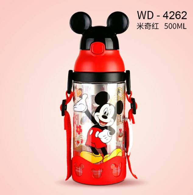 Mickey &amp; Minnie Mouse Straw Water Bottle 530ml / Botol Minum Sedotan Minnie Mickey