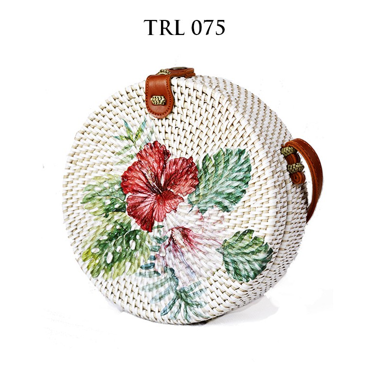 Sweet Honey ~ Grosir Tas Rotan Bali Bulat Lukis Decoupage Motif Bunga Flower TRL075 Diameter 20cm [Bisa COD]