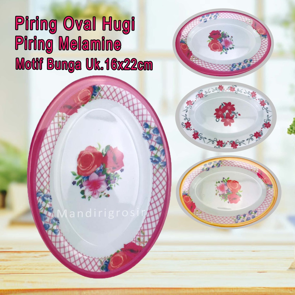 Piring Oval Hugi *Piring Melamine * Piring Motif Bunga * Uk.16x22cm