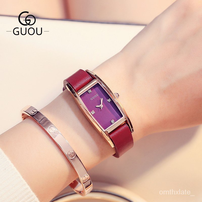 【Factory Outlet】GUOU Square Watch Ladies Waterproof Wristwatches Rhinestone Quartz Watches for Women Leather Strap R