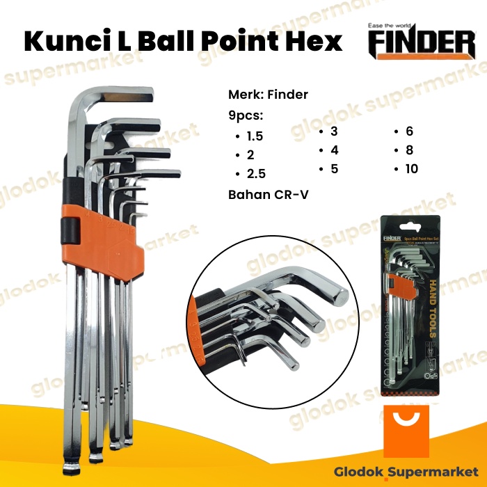 Kunci L Ball Point Hex Finder 9pcs Hexagonal