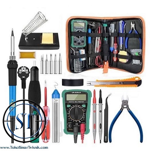 Paket Lengkap Peralatan Soldering Solder Electric Iron Adjustable 60W Temperature Suhu Set Handskit Multitester Solder Sedotan Timah Cutter Pisau