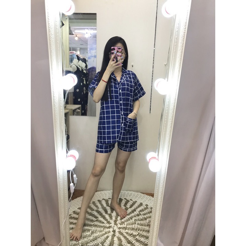 piyama/pajamas kotak&quot; HP katun navy murah.homewear/sleepwear/bajutidur cwe PP tartan biru kekinian