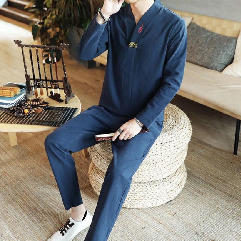 Gaya cina katun dan linen setelan pria retro Hanfu ukuran besar antik kasual Bau Baju jaket celana