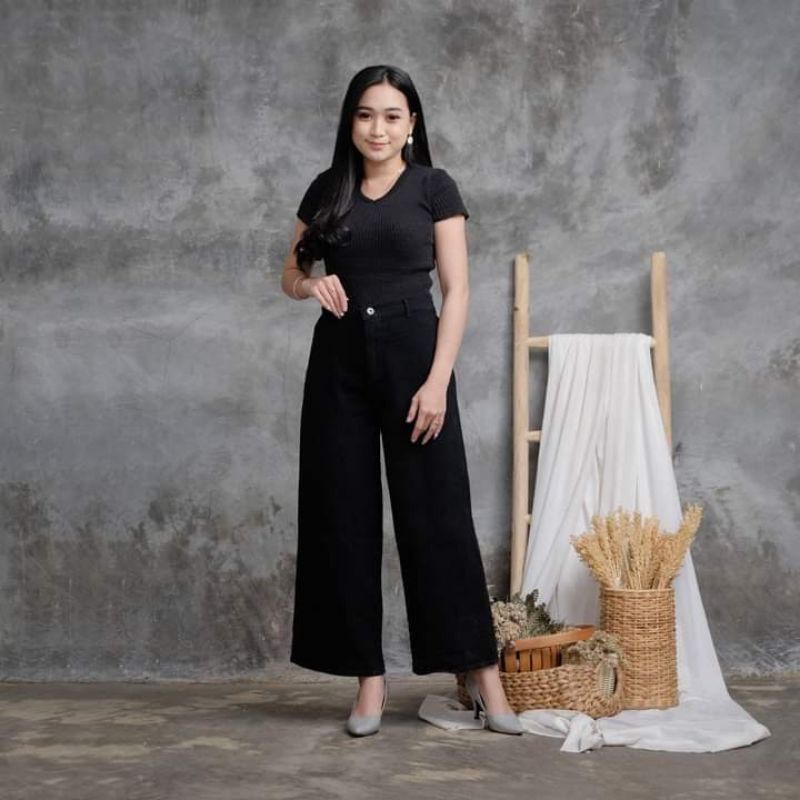 Highwaist Kulot Jeans Rawis Hitam Premium