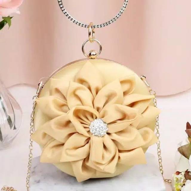tas pesta bunga flannel kain kembang flower floral mawar rose teratai clutch bag bulat bulet round