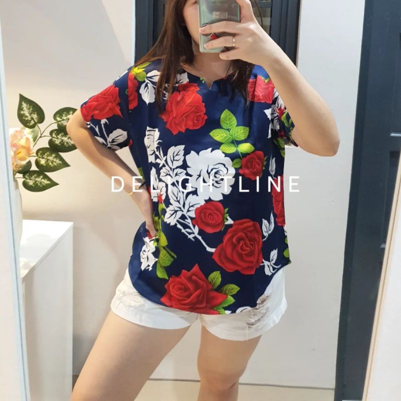 DELIGHTLINE LITTLE V NECK ALMOND TREE / VALENTINE FLOWER - CASUAL BLACKOUT BLOUSE TEBAL BASIC FLOWER-2
