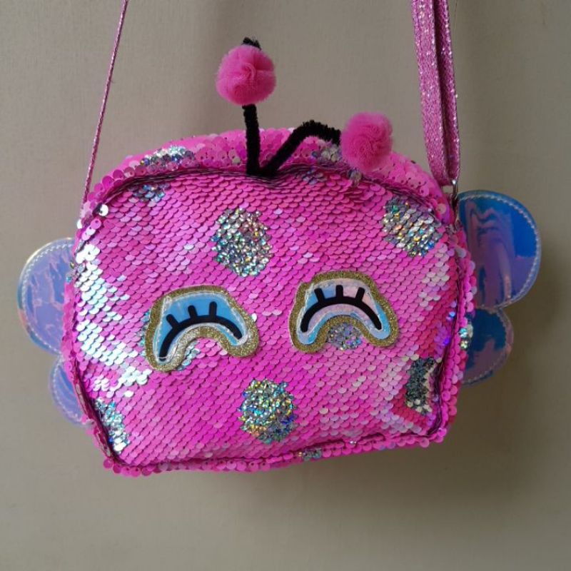 tas selempang sequin anak perempuan model ada sayap kecil lebah pink
