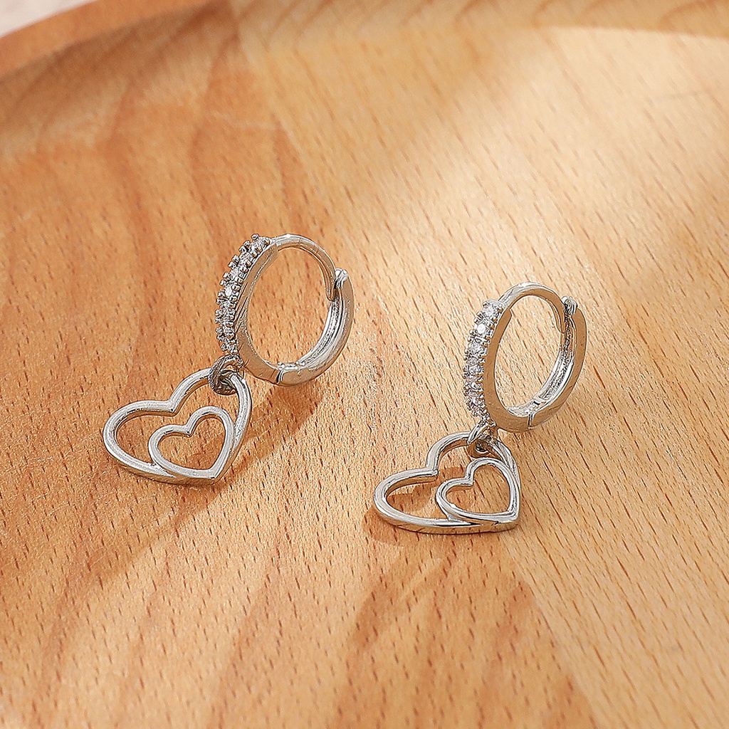 Fashion Diamond Double Heart Earrings Anting Wanita Cinta Manis Yang Indah