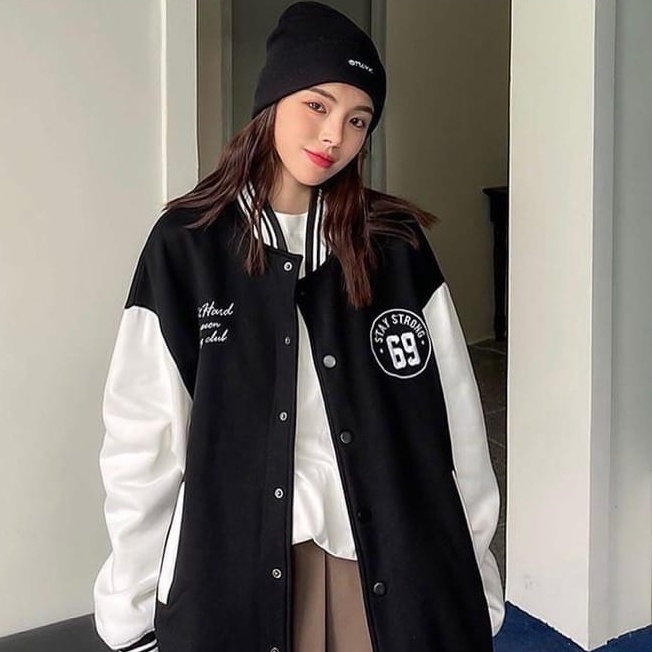 Jaket Varsity 69 Stay Strong - Korean Style Baseball Jacket - Pakaian Wanita dan Pria - Bahan Fleece - Allsize