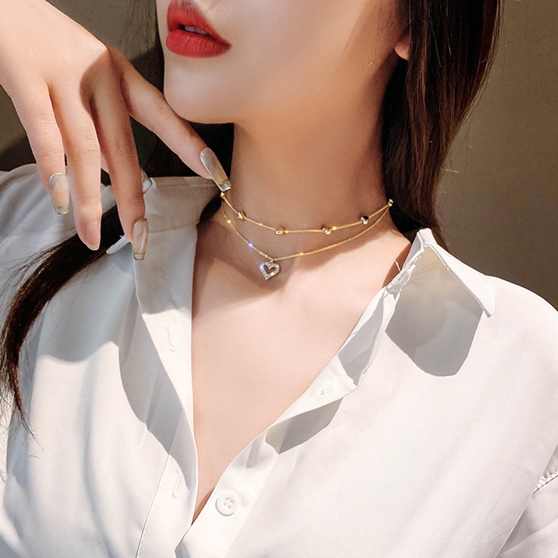 Fashion Wanita Kalung Double Stacked Chain Heart Necklace