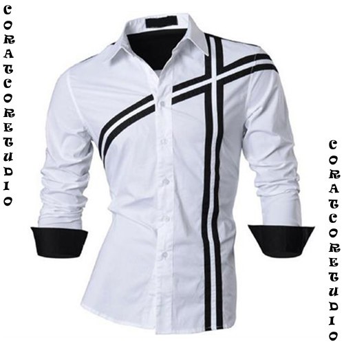 ( S M L XL ) Kemeja Pria Lengan Panjang Sablon Garis PUTIH HITAM ABU BIRU MERAH - CORATCORETUDIO