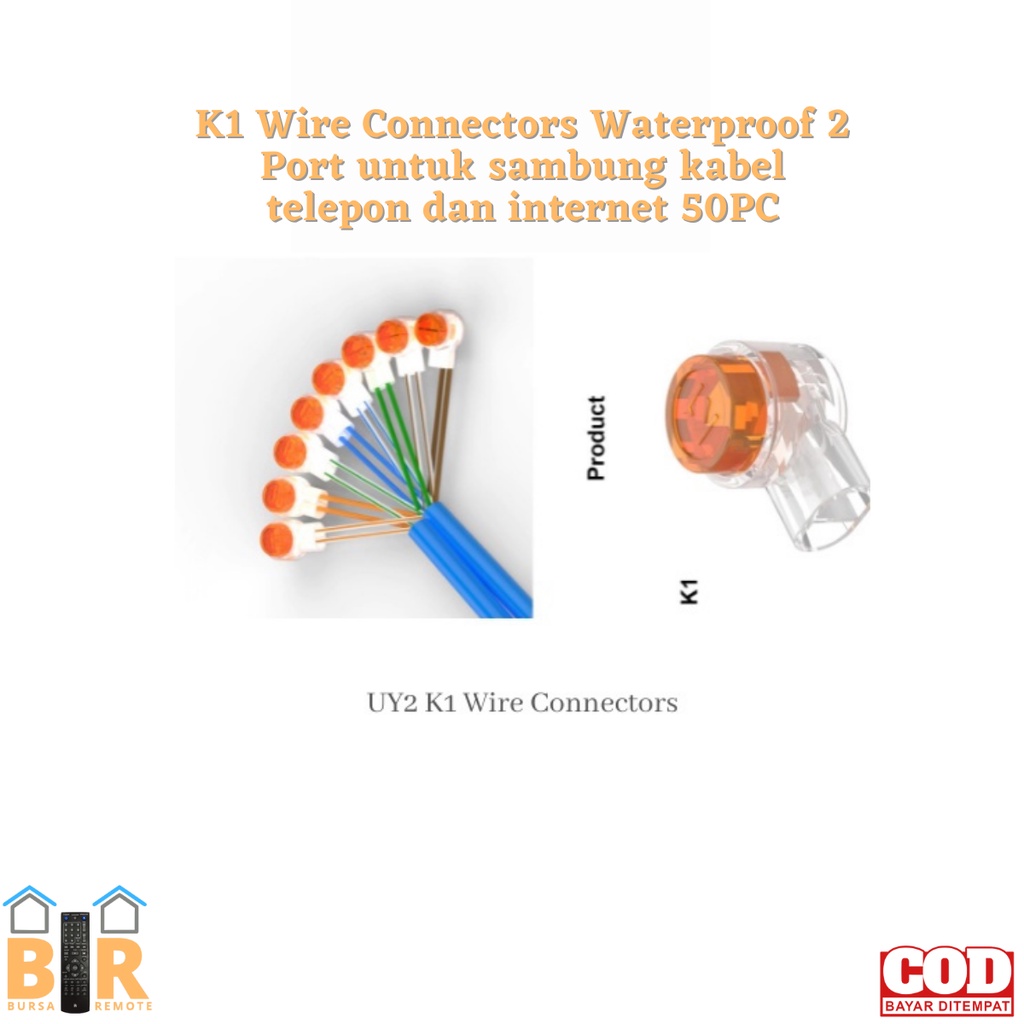 isi 50pcs K1 Wire Connectors Waterproof 2 Port untuk sambung kabel telepon dan internet