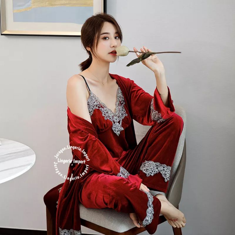 VELVET Setelan Piyama Wanita 3in1 Baju Tidur Beludru , Tanktop , Kimono , Celana Panjang , Kado Pern