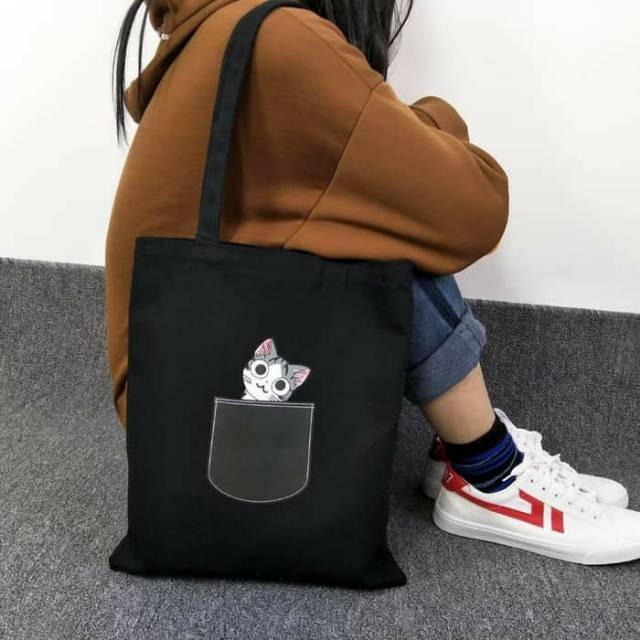 TC38 Pocket Cat Canvas Tote Bag / Tas Wanita / Tas Kucing Kantong