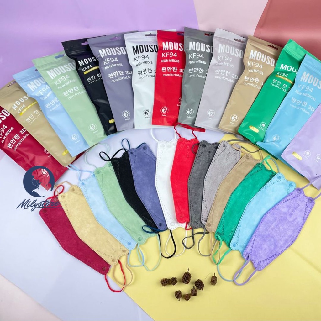 Masker KF94 Mouson Hitam Putih Warna 4 ply Original Emboss Earloop 10 pcs