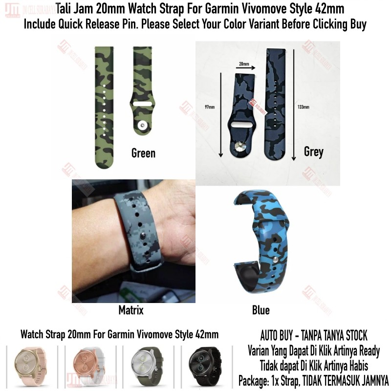 RMY Tali Jam 20mm Watch Strap Garmin Vivomove Style 42mm - Camo Army Rubber Silikon